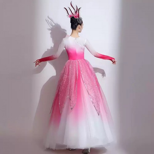 Women chinese folk dance dress opening pink green blue petals flamenco dance dresses spanish bull dance swing skirts modern dance long gown